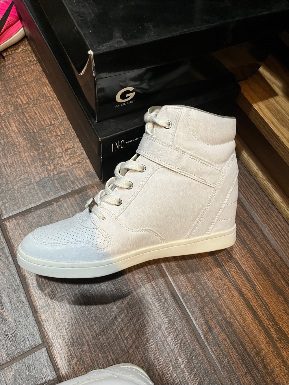 G by Guess Women's White High-Top Strap Lace Sneakers